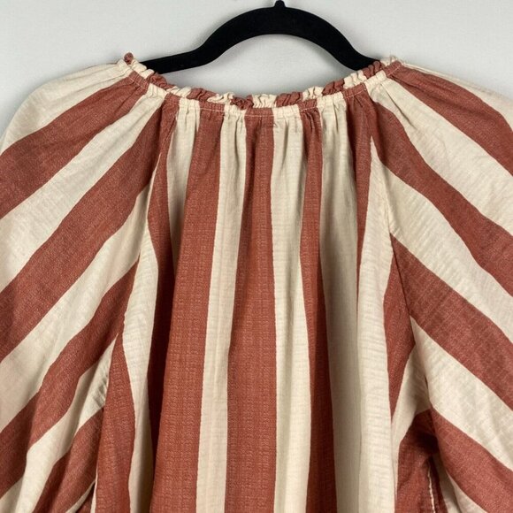 Knox Rose Top Womens L Striped Puff Sleeve Tie Neck Cream Red Cotton Boho - Picture 7 of 10